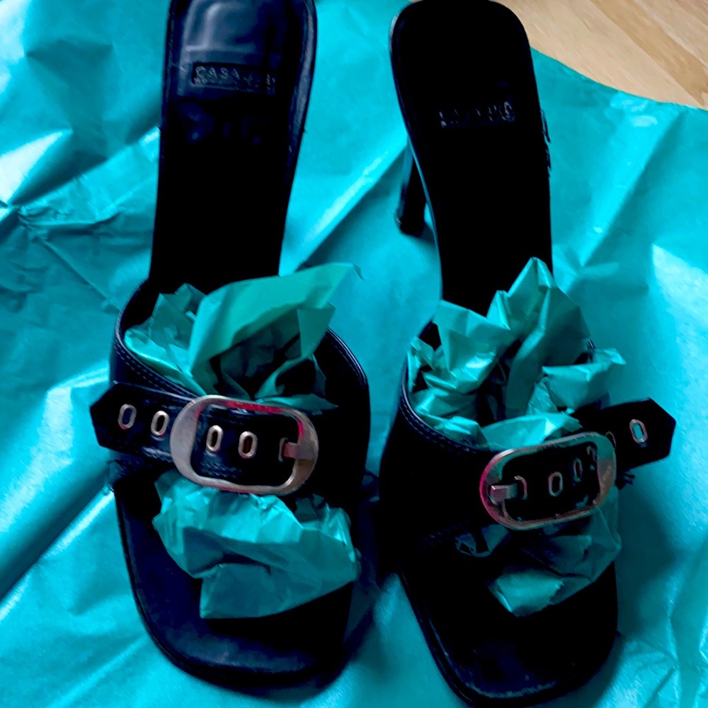 CASADEI MULES BLACK LEATHER EITH SILVER BUCKLE